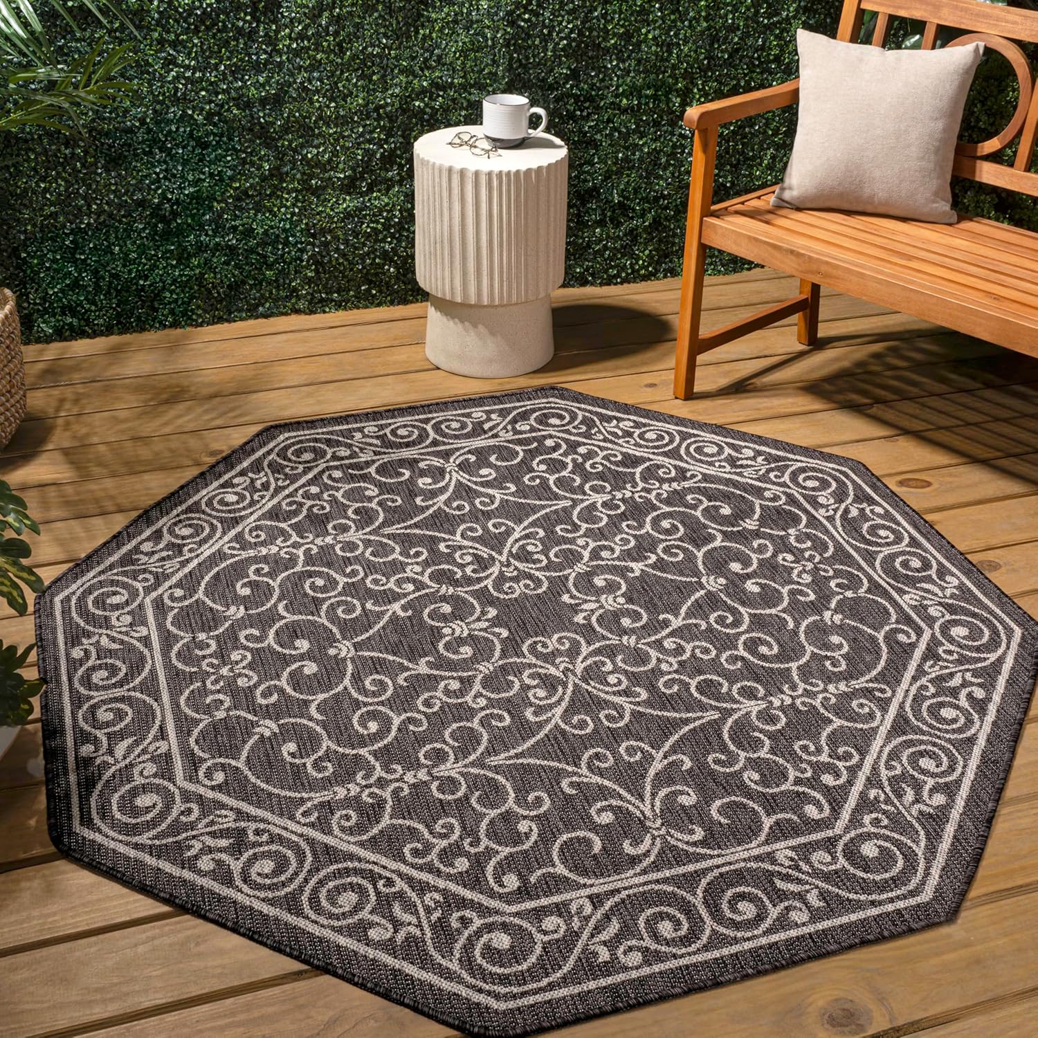 JONATHAN Y Vintage Filigree Indoor Outdoor Octagon Area Rug 8 Ft Black/Gray, Charleston Textured