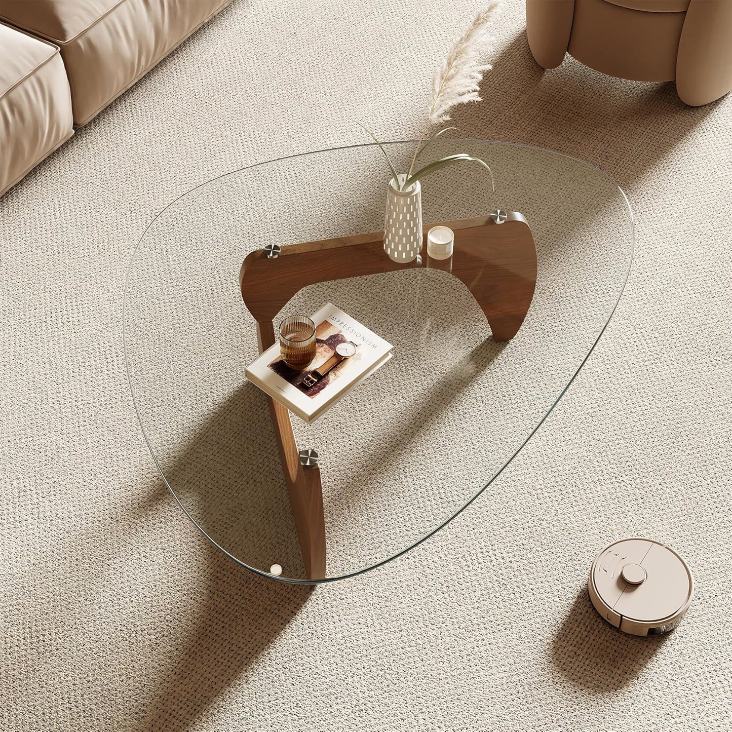 Honyee Morden Coffee Table, 42.5" x 28.5" x 16.1" Triangle Tempered Glass Top for Living Room