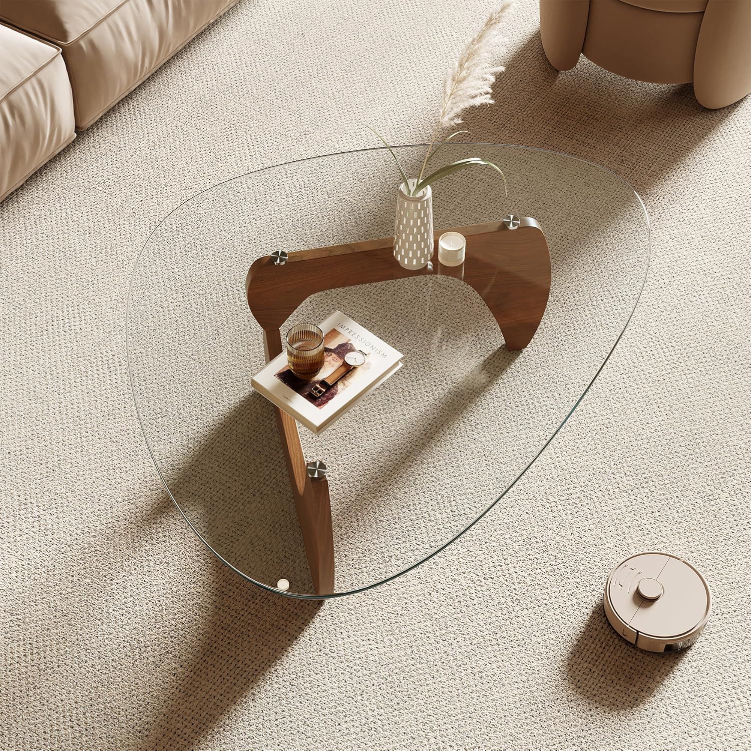 Honyee Morden Coffee Table, 42.5" x 28.5" x 16.1" Triangle Tempered Glass Top for Living Room