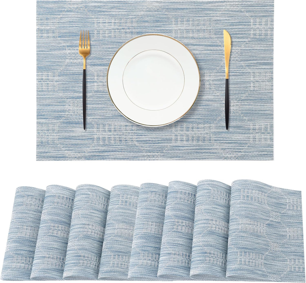 Leetaltree Jacquard Blue Placemats Set of 8 - Heat Resistant Non-Slip Place mats for Dining Table
