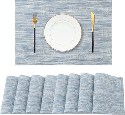 Leetaltree Jacquard Blue Placemats Set of 8 - Heat Resistant Non-Slip Place mats for Dining Table