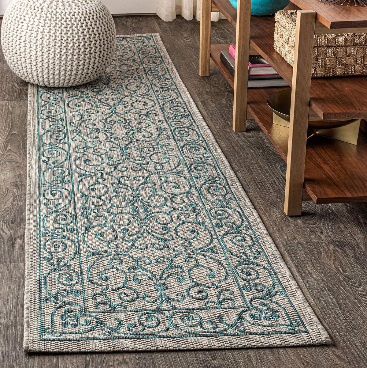 JONATHAN Y Vintage Filigree Indoor Outdoor Runner Rug 2X8 Gray/Teal, Charleston Textured Weave for