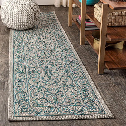 JONATHAN Y Vintage Filigree Indoor Outdoor Runner Rug 2X8 Gray/Teal, Charleston Textured Weave for