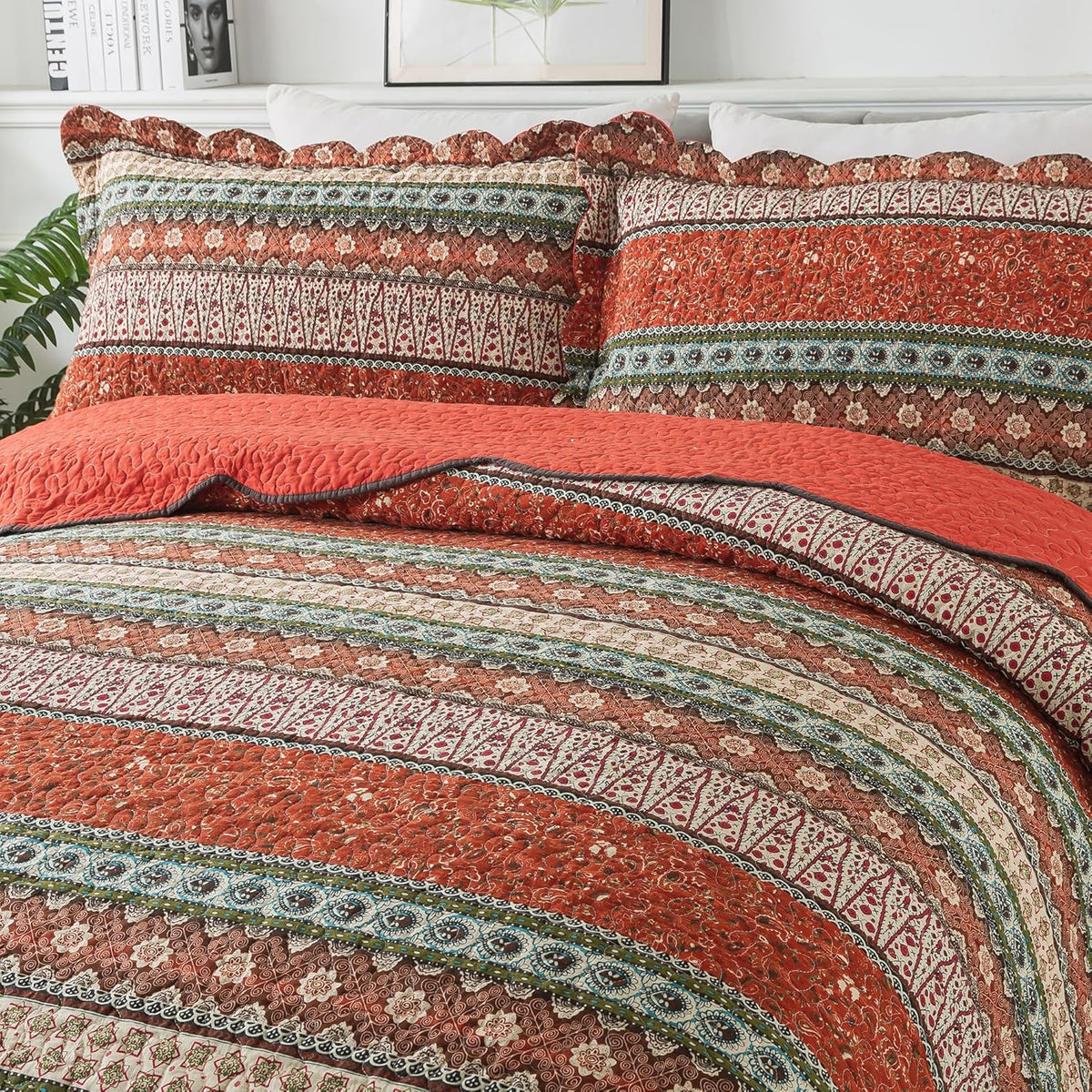 NEWLAKE Cotton Bedspread Quilt Sets - Reversible Patchwork Coverlet Set, Red Striped Jacquard