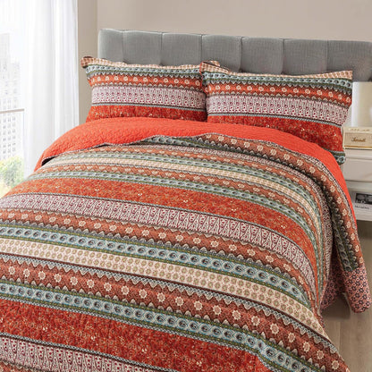 NEWLAKE Cotton Bedspread Quilt Sets - Reversible Patchwork Coverlet Set, Red Striped Jacquard