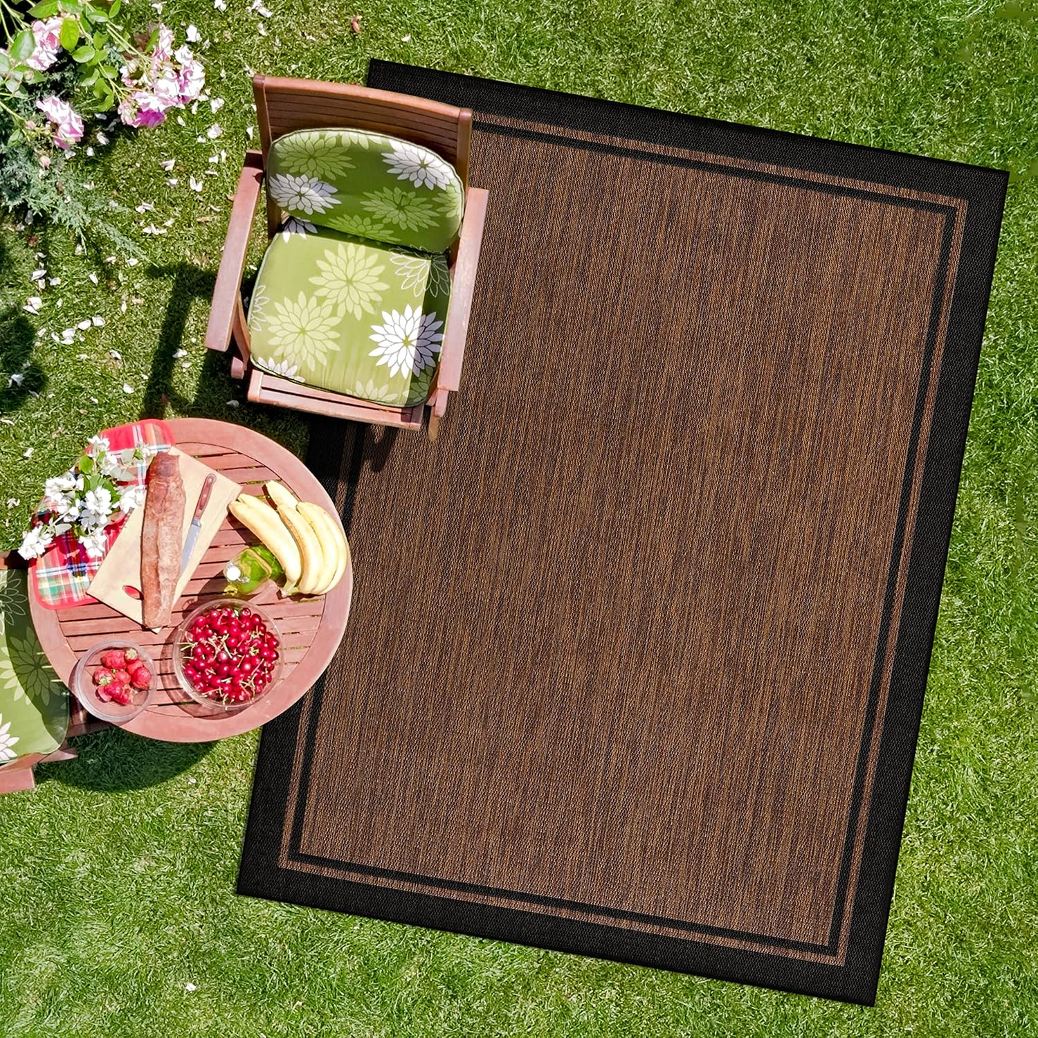 CAMILSON Indoor Outdoor Rug, 9x12 Bordered Nut Brown Black Modern Area Rugs for Indoor and Outdoor
