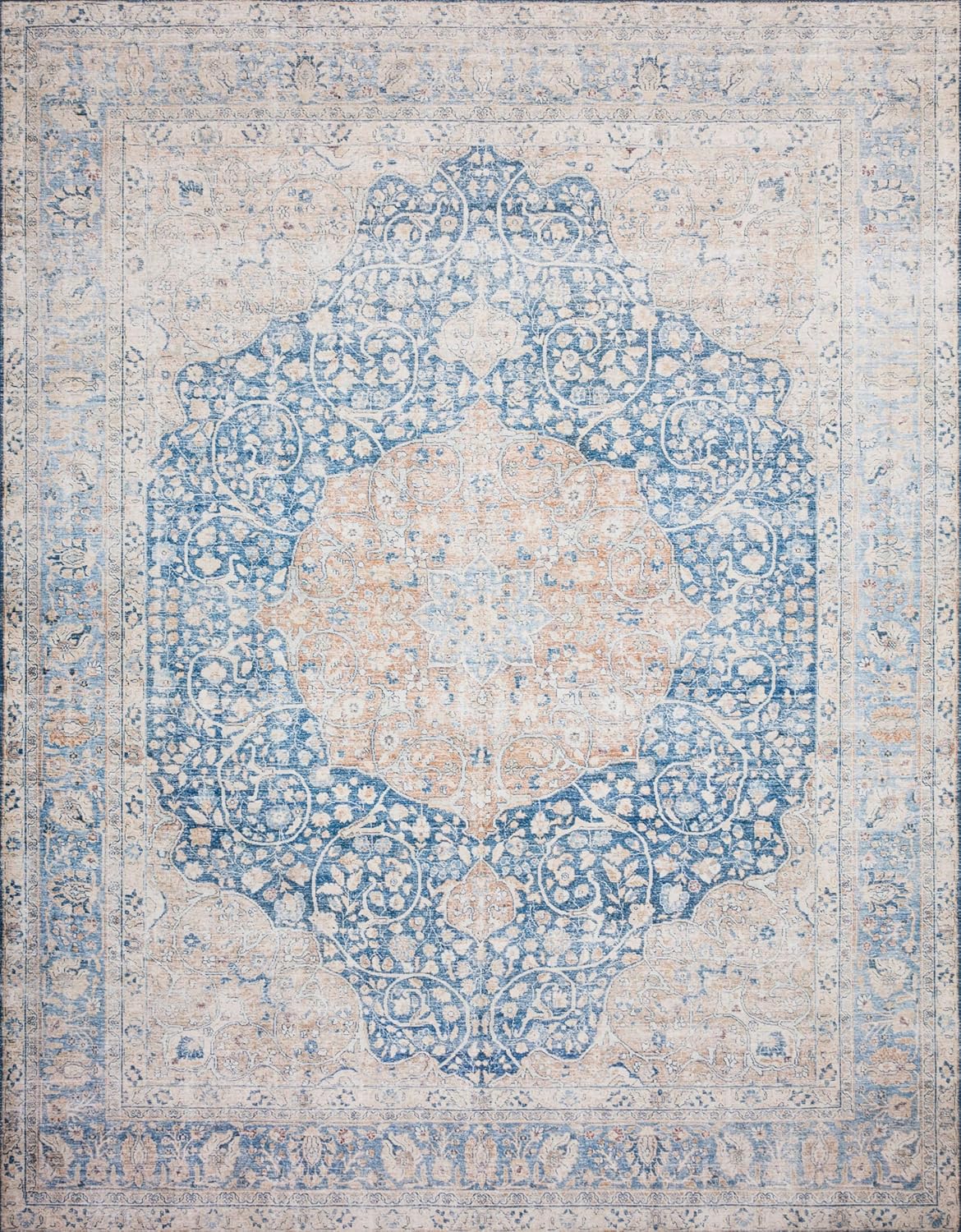 Loloi Layla Collection LAY-07 Blue/Tangerine 7'-6" x 9'-6" .13" Thick Area Rug, Soft, Durable