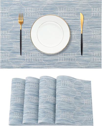 Leetaltree Jacquard Blue Placemats Set of 4 - Heat Resistant Non-Slip Place mats for Dining Table