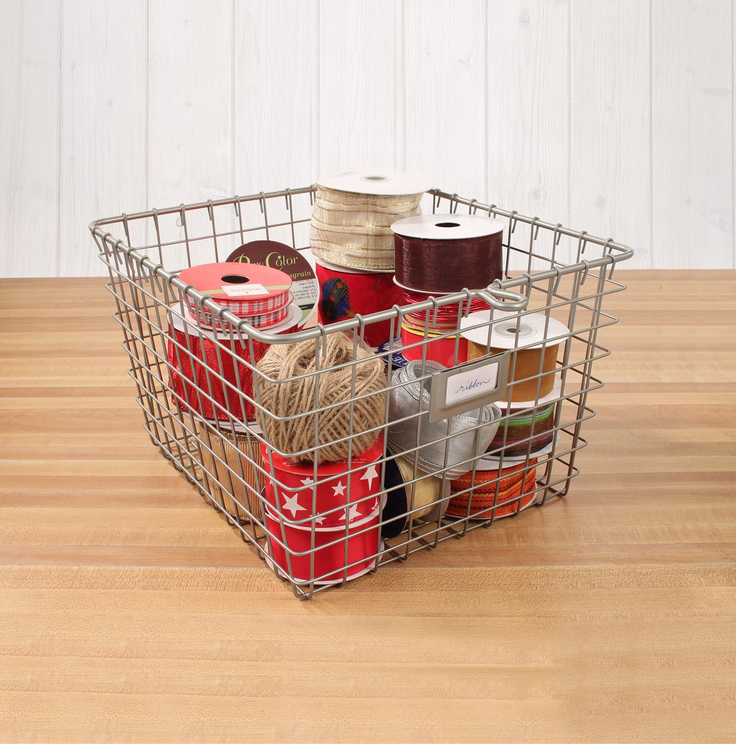 Spectrum Medium Wire Basket with Label Plate Satin Nickel Storage Basket Bin Organizer for Kitchen