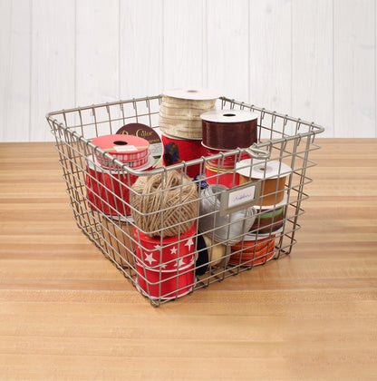 Spectrum Medium Wire Basket with Label Plate Satin Nickel Storage Basket Bin Organizer for Kitchen