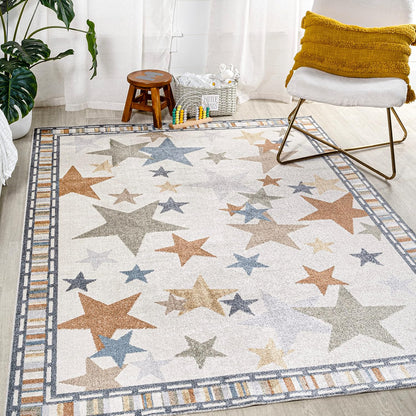 JONATHAN Y Machine-Washable Ivory/Blue/Orange Indoor Area Rug, 8x10, Star Gazer Geometric, Border