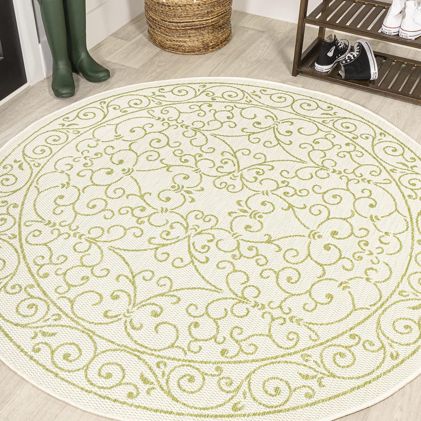 JONATHAN Y Vintage Filigree Indoor Outdoor Round Area Rug 5 Ft Cream/Green, Charleston Textured