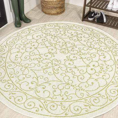 JONATHAN Y Vintage Filigree Indoor Outdoor Round Area Rug 5 Ft Cream/Green, Charleston Textured