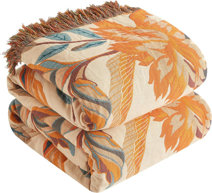 Boho Throw Blanket for Bed 80”x90”, 100% Cotton Woven Blanket for Couch Sofa, Ultra Soft 4-Layer