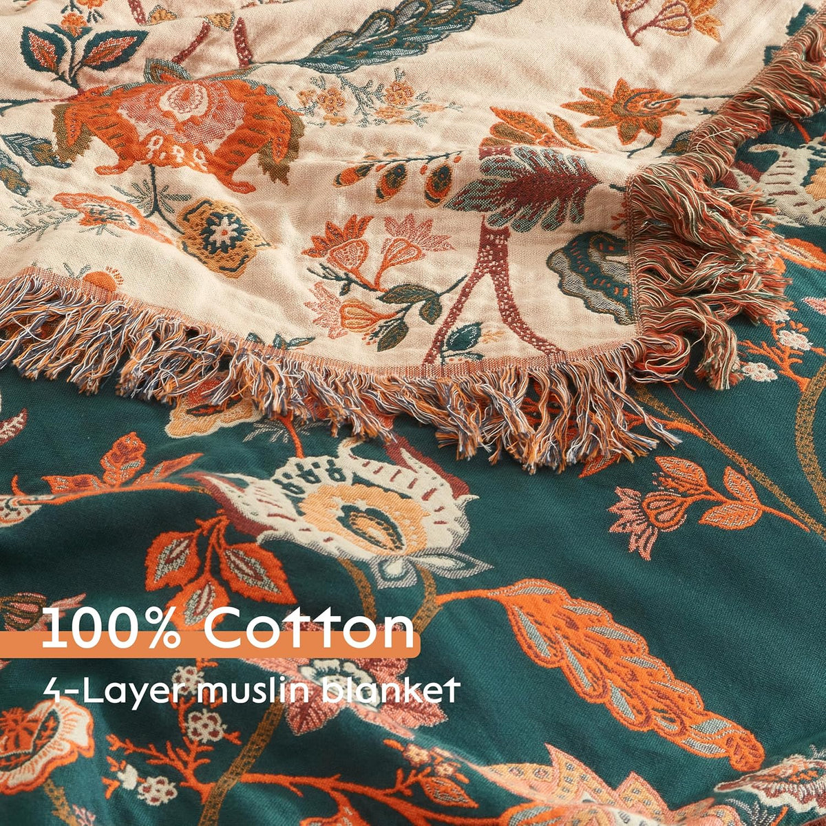 Boho Throw Blanket for Bed 90”x98”, 100% Cotton Woven Blanket for Couch Sofa, Ultra Soft 4-Layer