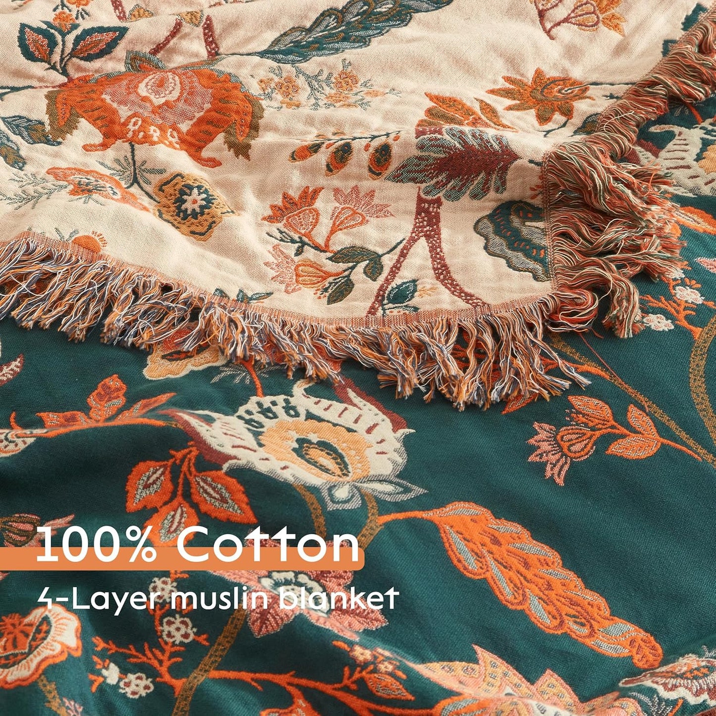Boho Throw Blanket for Bed 80”x90”, 100% Cotton Woven Blanket for Couch Sofa, Ultra Soft 4-Layer