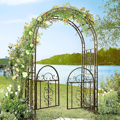 Plow & Hearth Arch Metal Outdoor Garden Arbor Double Gate | Montebello | 7 Feet Tall | Gunmetal