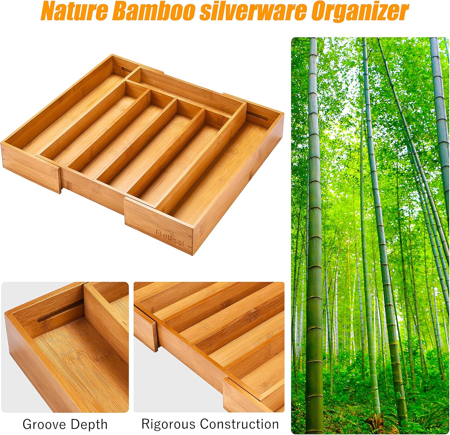 Bellsal Silverware Organizer Kitchen Drawer Organizer Expandable Bamboo Utensil Holder Cutlery Tray