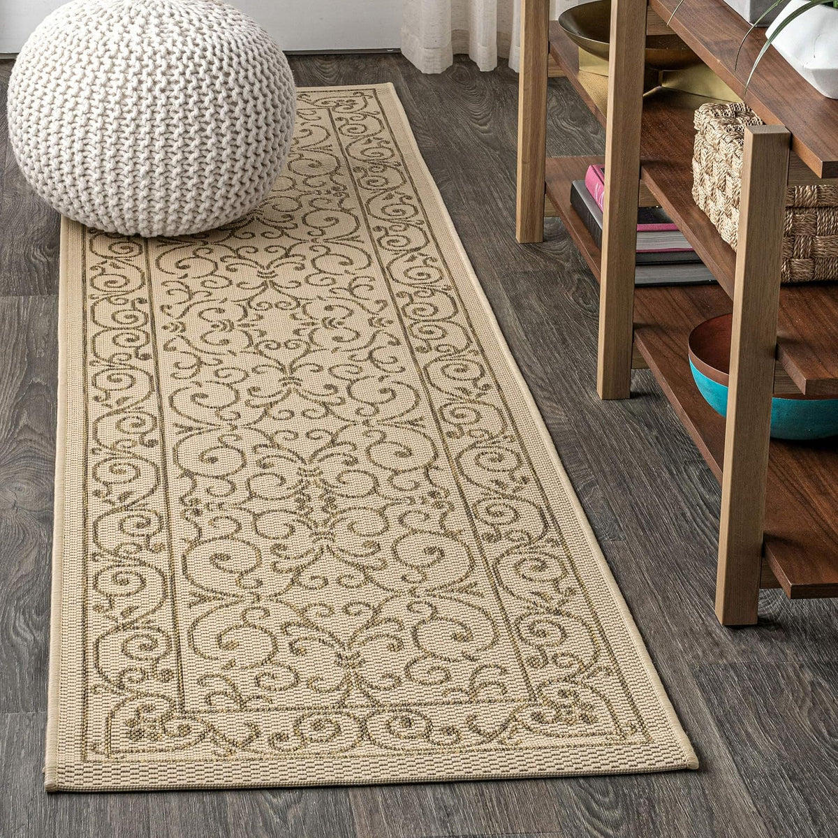 JONATHAN Y Vintage Filigree Indoor Outdoor Runner Rug 2X10 Beige/Brown, Charleston Textured Weave