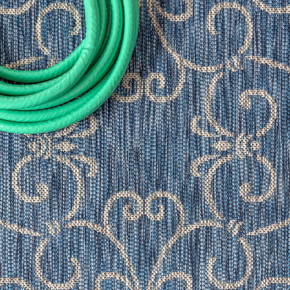 JONATHAN Y Vintage Filigree Indoor Outdoor Round Area Rug 5 Ft Navy/Gray, Charleston Textured Weave