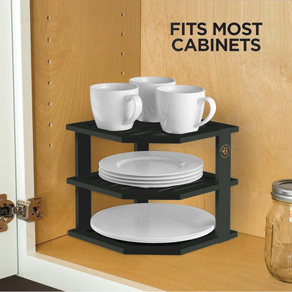 Cabinet Organizer Shelf - Bamboo Corner Rack for Kitchen Counter, Cabinet Space Saver for Plates