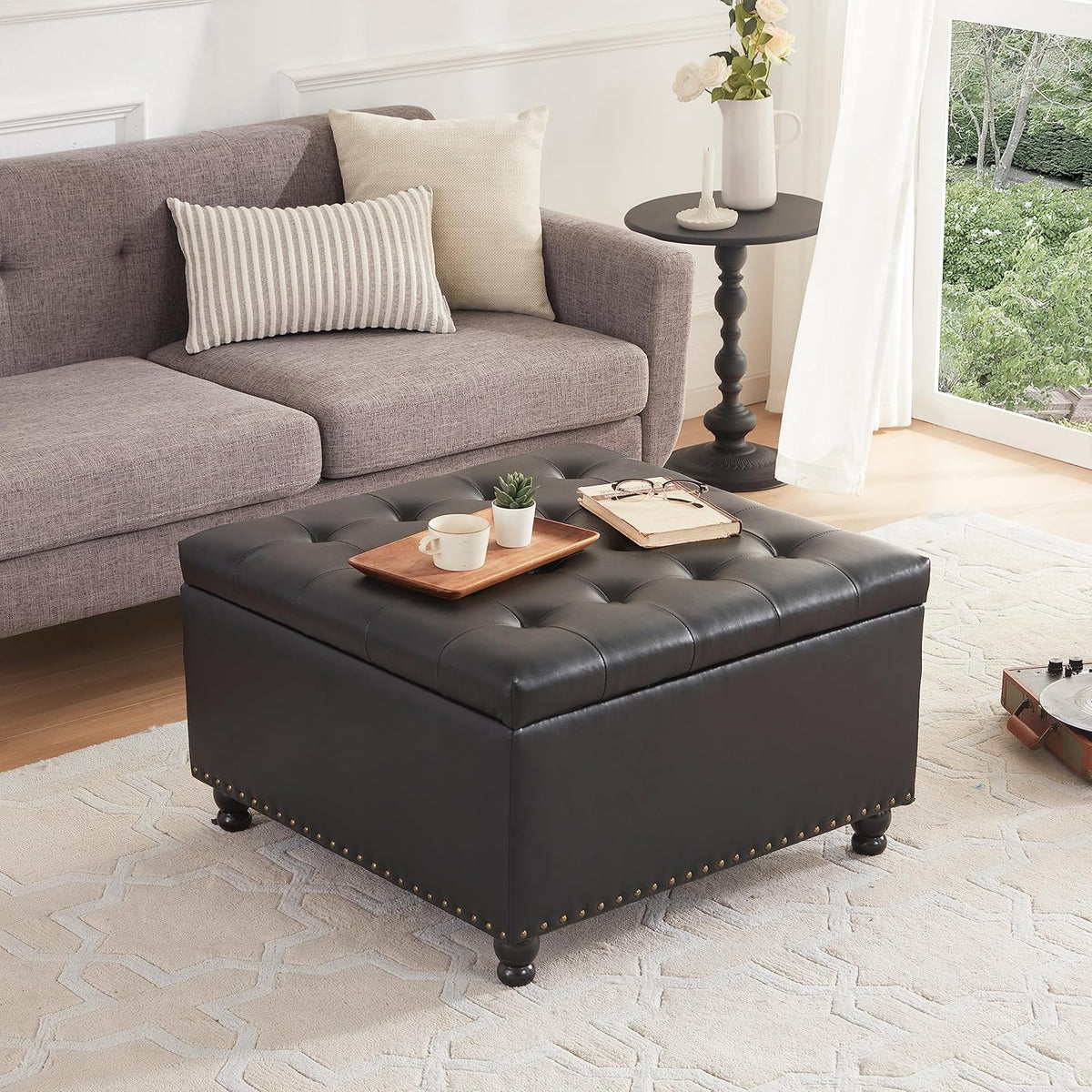 Tbfit Large Square Storage Ottoman Bench, Button Tufted Coffee Table, Oversized Storage Ottomans