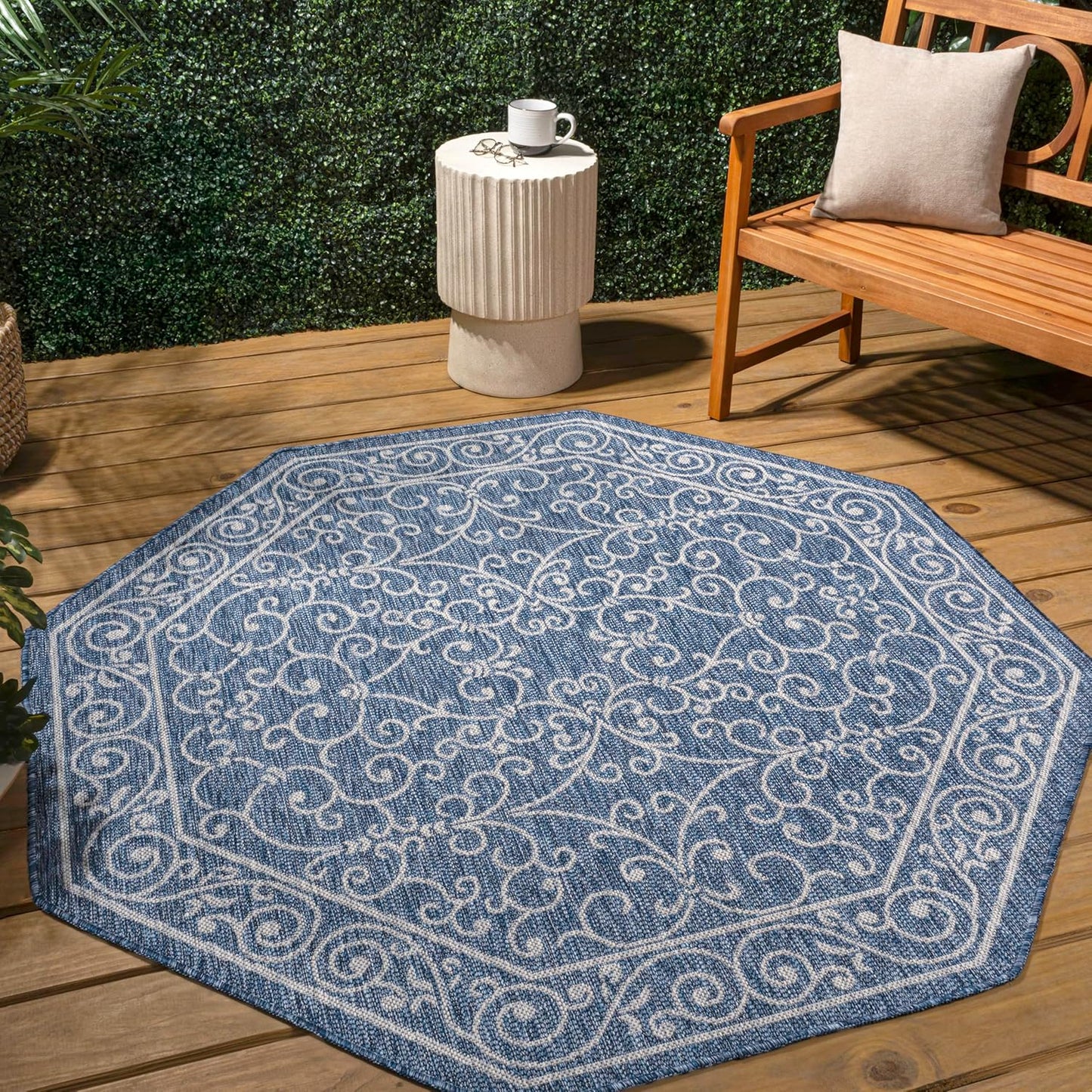 JONATHAN Y Vintage Filigree Indoor Outdoor Octagon Area Rug 5 Ft Navy/Gray, Charleston Textured