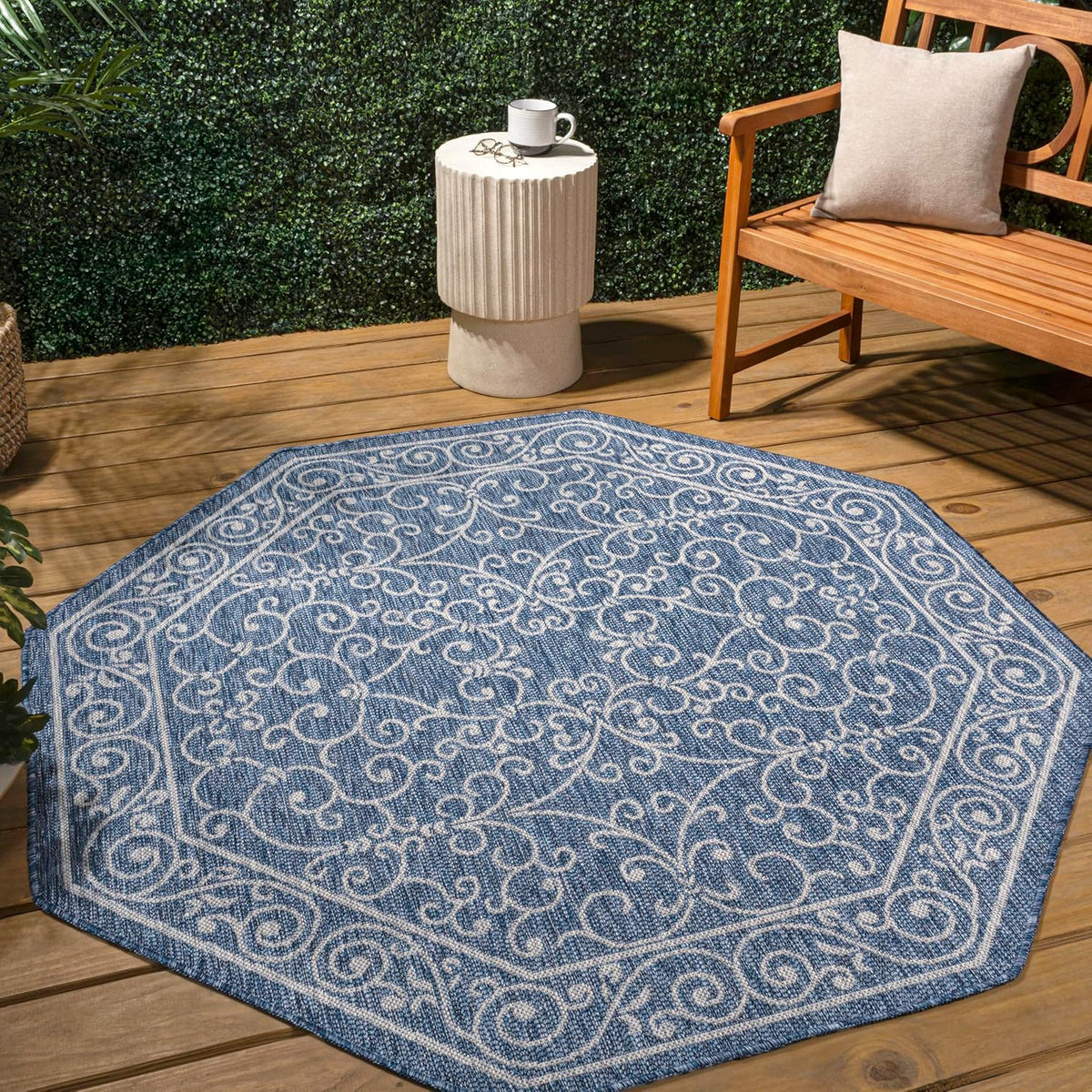 JONATHAN Y Vintage Filigree Indoor Outdoor Octagon Area Rug 5 Ft Navy/Gray, Charleston Textured