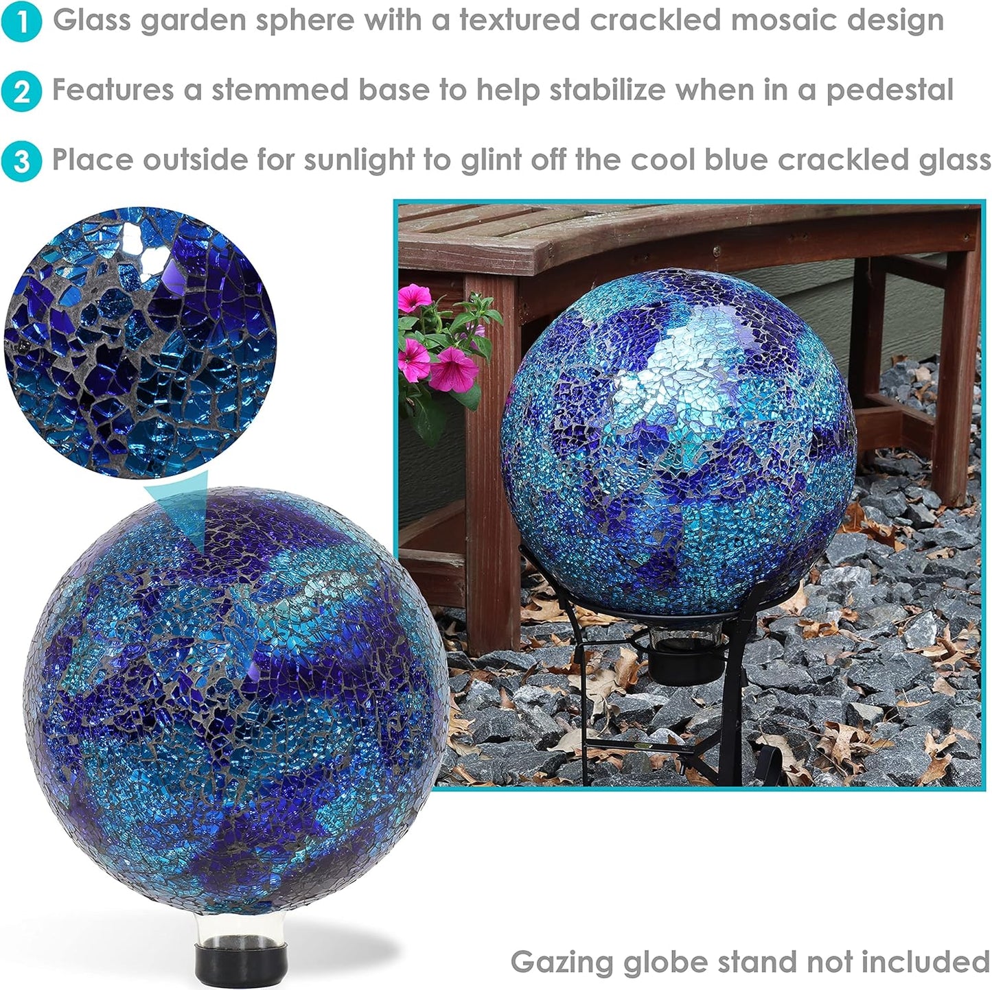 Sunnydaze 10-inch Gazing Ball for Garden - Crackled Glass Mosaic Gazing Globe for Outside - Deep
