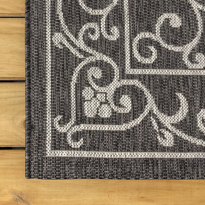 JONATHAN Y Vintage Filigree Indoor Outdoor Round Area Rug 6 Ft Black/Gray, Charleston Textured