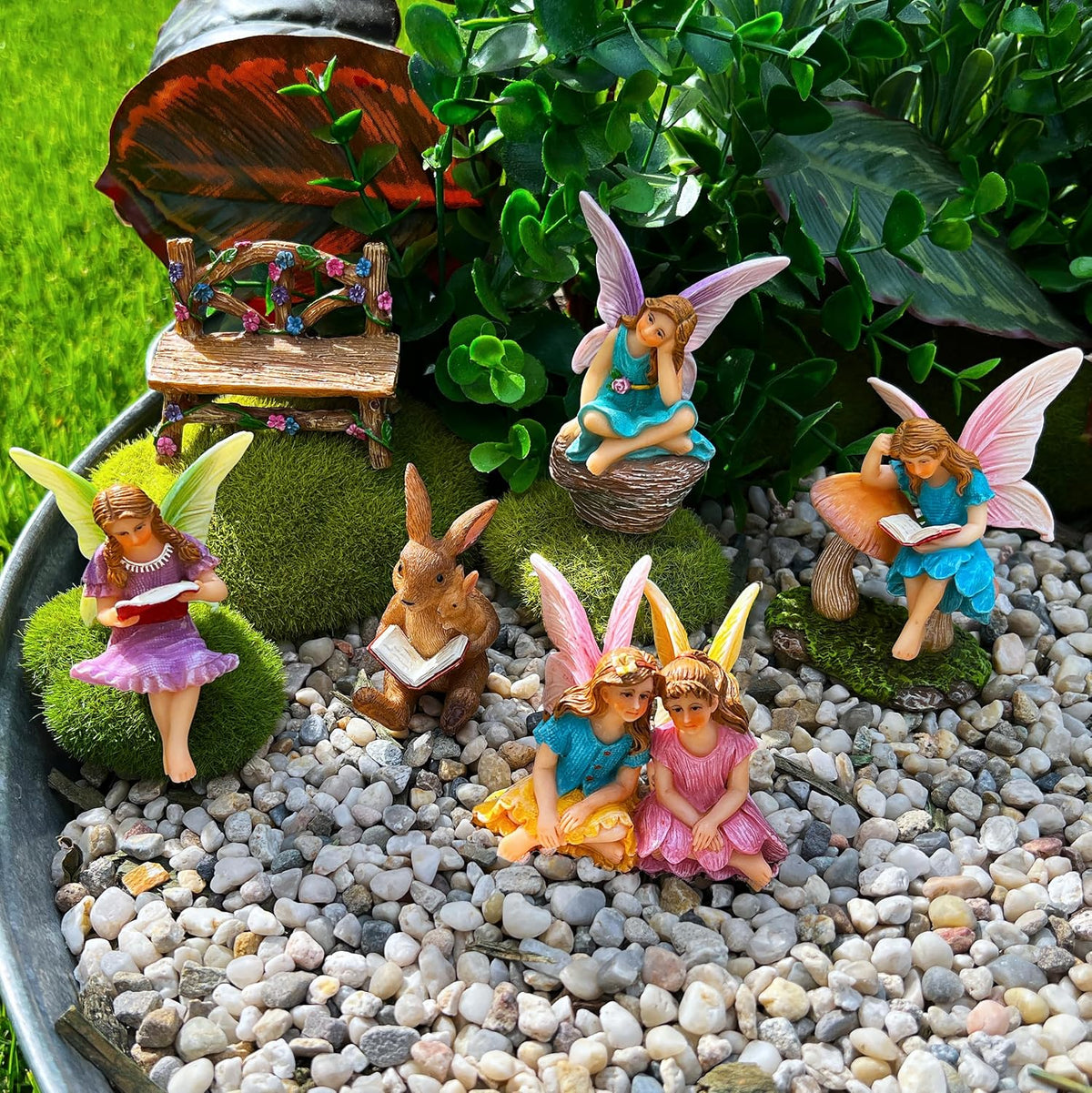 Mood Lab Fairy Garden - Miniature Reading Fairies Figurines Set - Statues & Accessories Decor Kit