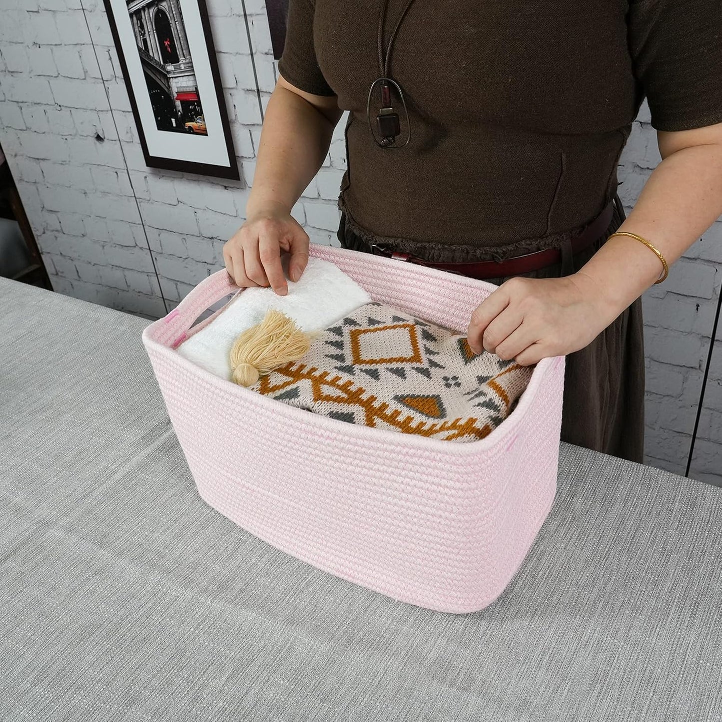 Cotton Rope storage Basket Bins Woven Basket for Organizing Shelves Rectangle Decorative Baskets