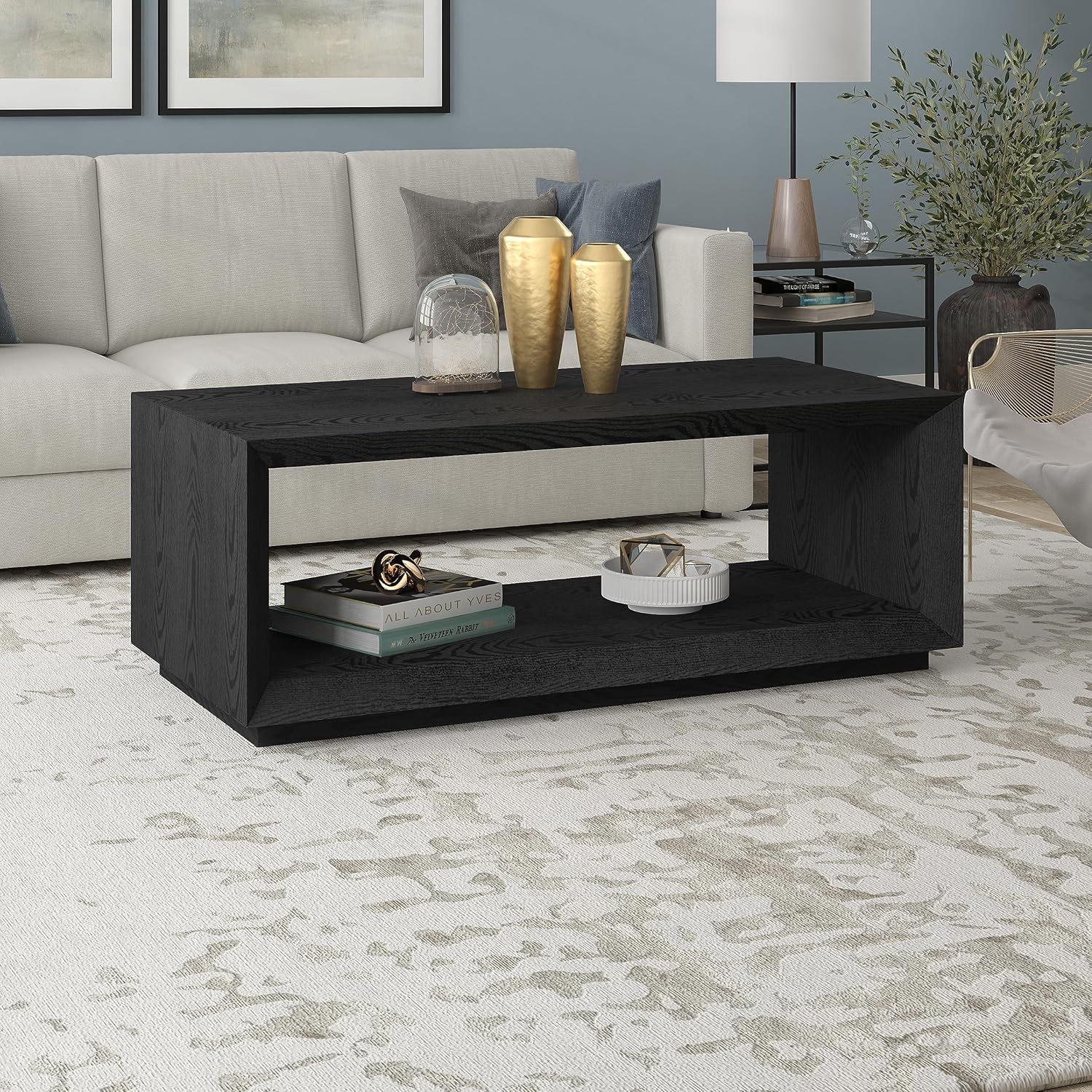 Henn&Hart 48" Rectangular Coffee Table with Open Storage Shelf for Living Room, Family Room, or