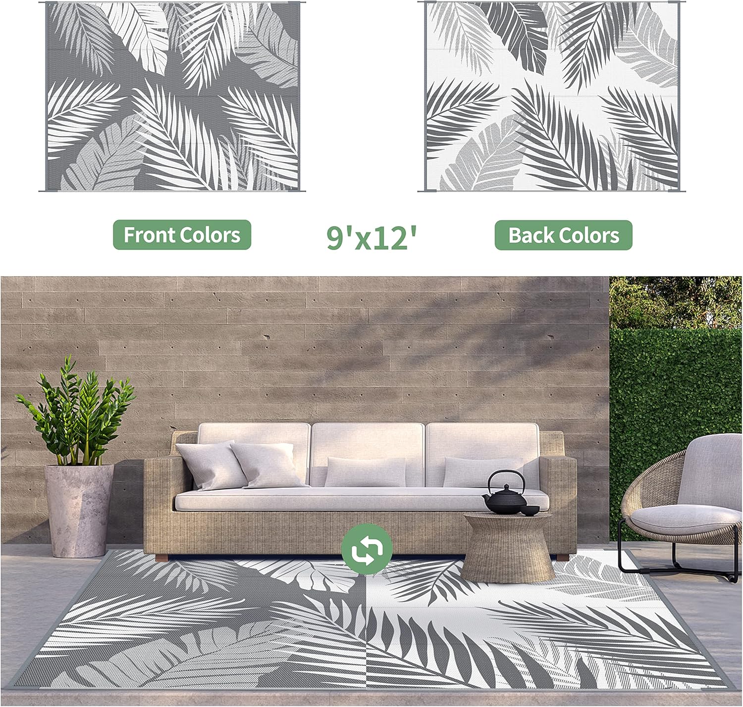 GENIMO Outdoor Rug 9' x 12' Waterproof for Patios Clearance, Reversible Plastic Straw Camping
