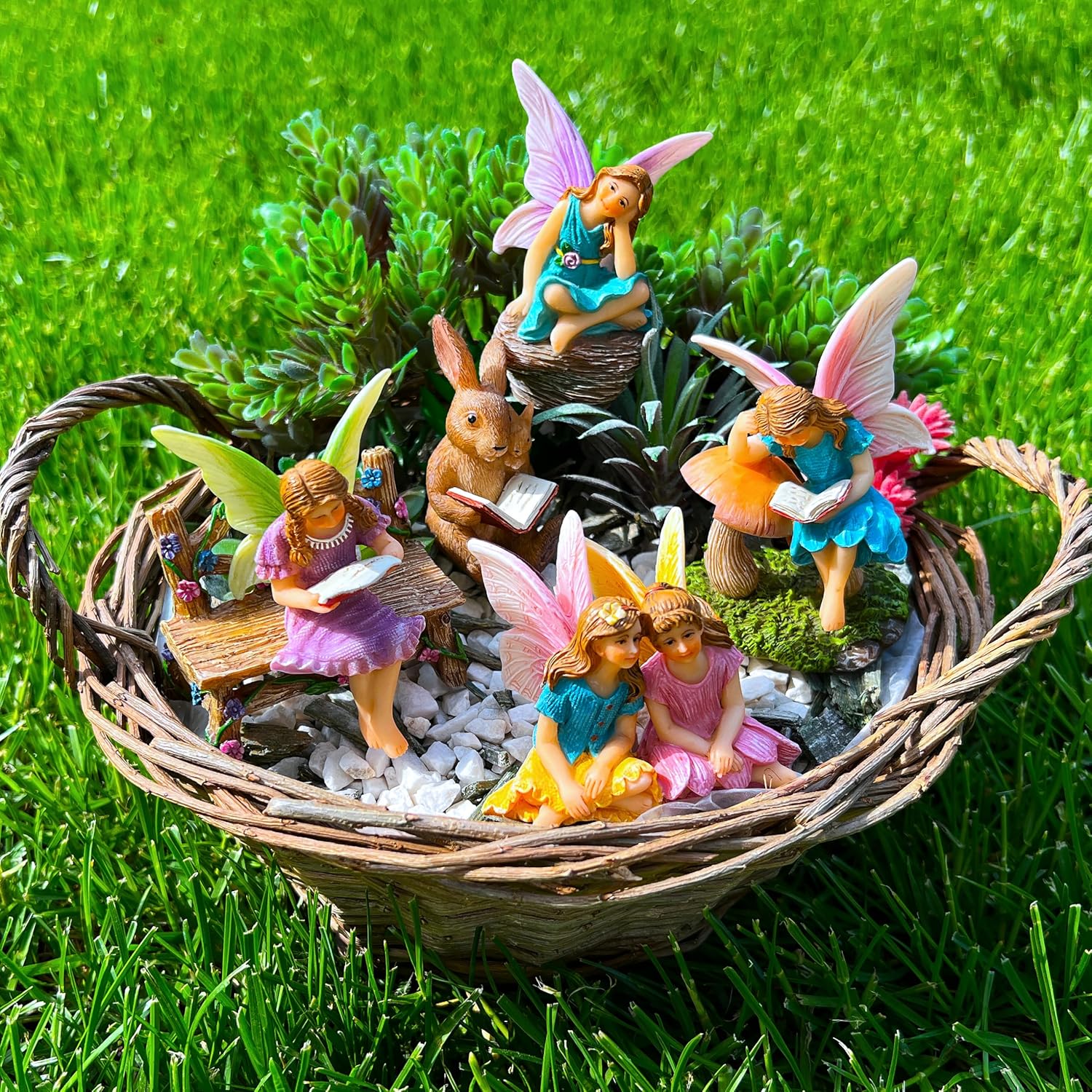 Mood Lab Fairy Garden - Miniature Reading Fairies Figurines Set - Statues & Accessories Decor Kit