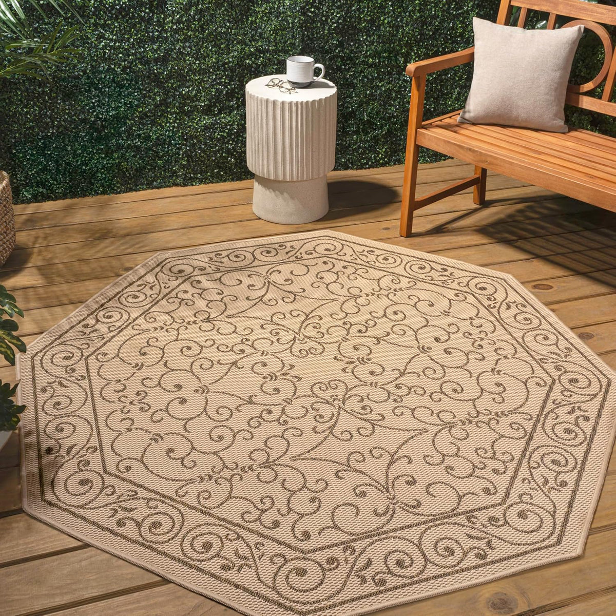 JONATHAN Y Vintage Filigree Indoor Outdoor Octagon Area Rug 8 Ft Beige/Brown, Charleston Textured