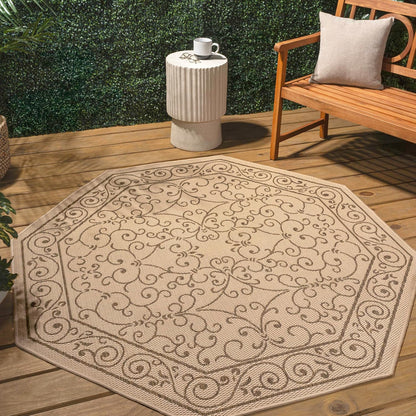 JONATHAN Y Vintage Filigree Indoor Outdoor Octagon Area Rug 8 Ft Beige/Brown, Charleston Textured