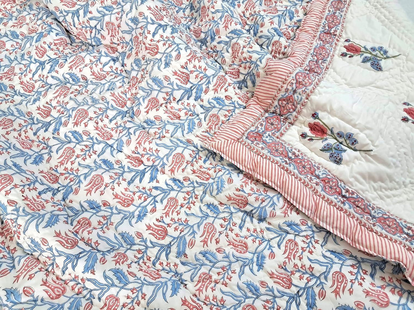 Twin Size Rose Pink Cotton Throw Blanket – 60x90 Hand Block Printed Lightweight Quilt – Soft