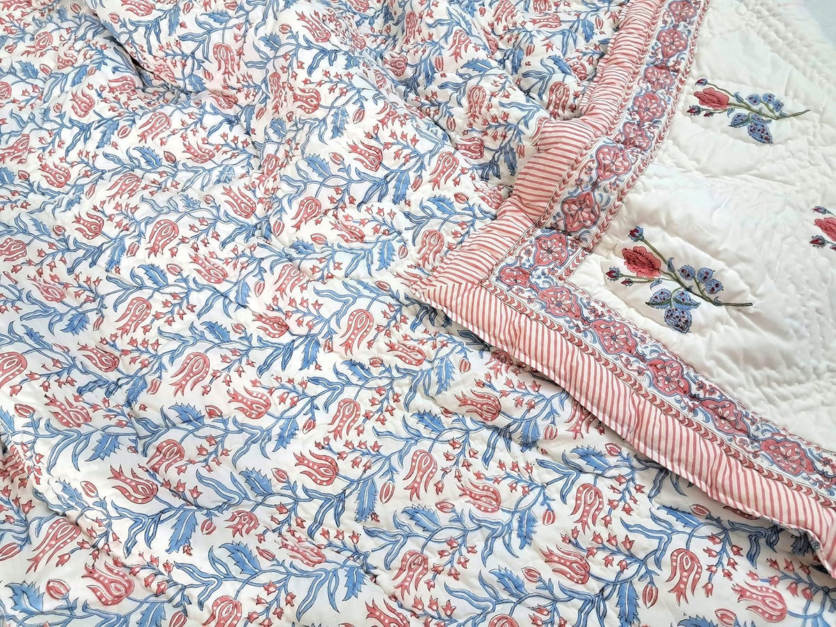 Twin Size Rose Pink Cotton Throw Blanket – 60x90 Hand Block Printed Lightweight Quilt – Soft