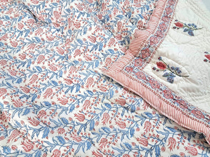 Twin Size Rose Pink Cotton Throw Blanket – 60x90 Hand Block Printed Lightweight Quilt – Soft