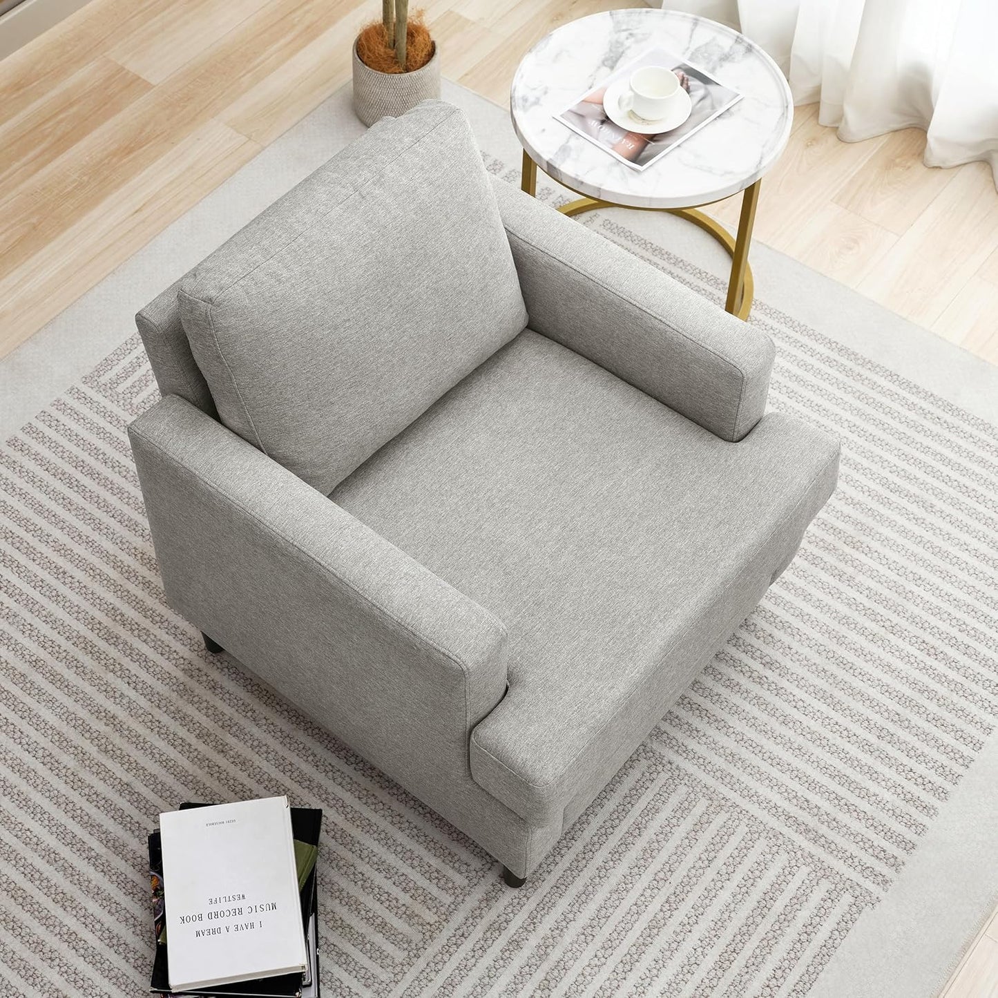 Mid-Century Accent Chair,Modern Linen Fabric Armchair for Living Room,Comfy Upholstered Reading