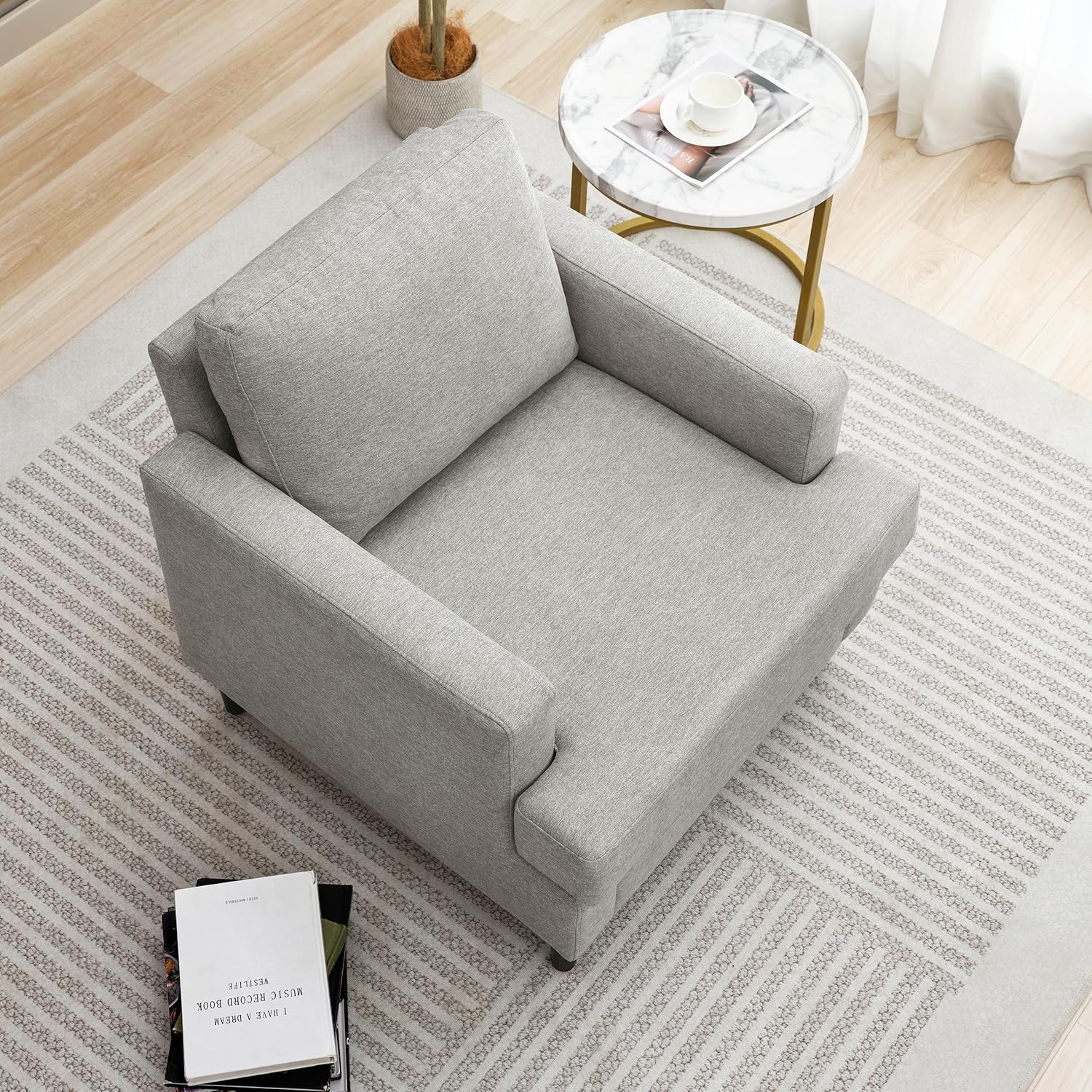 Mid-Century Accent Chair,Modern Linen Fabric Armchair for Living Room,Comfy Upholstered Reading
