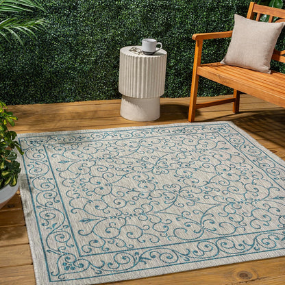 JONATHAN Y Vintage Filigree Indoor Outdoor Square Area Rug 8X8 Gray/Teal, Charleston Textured Weave