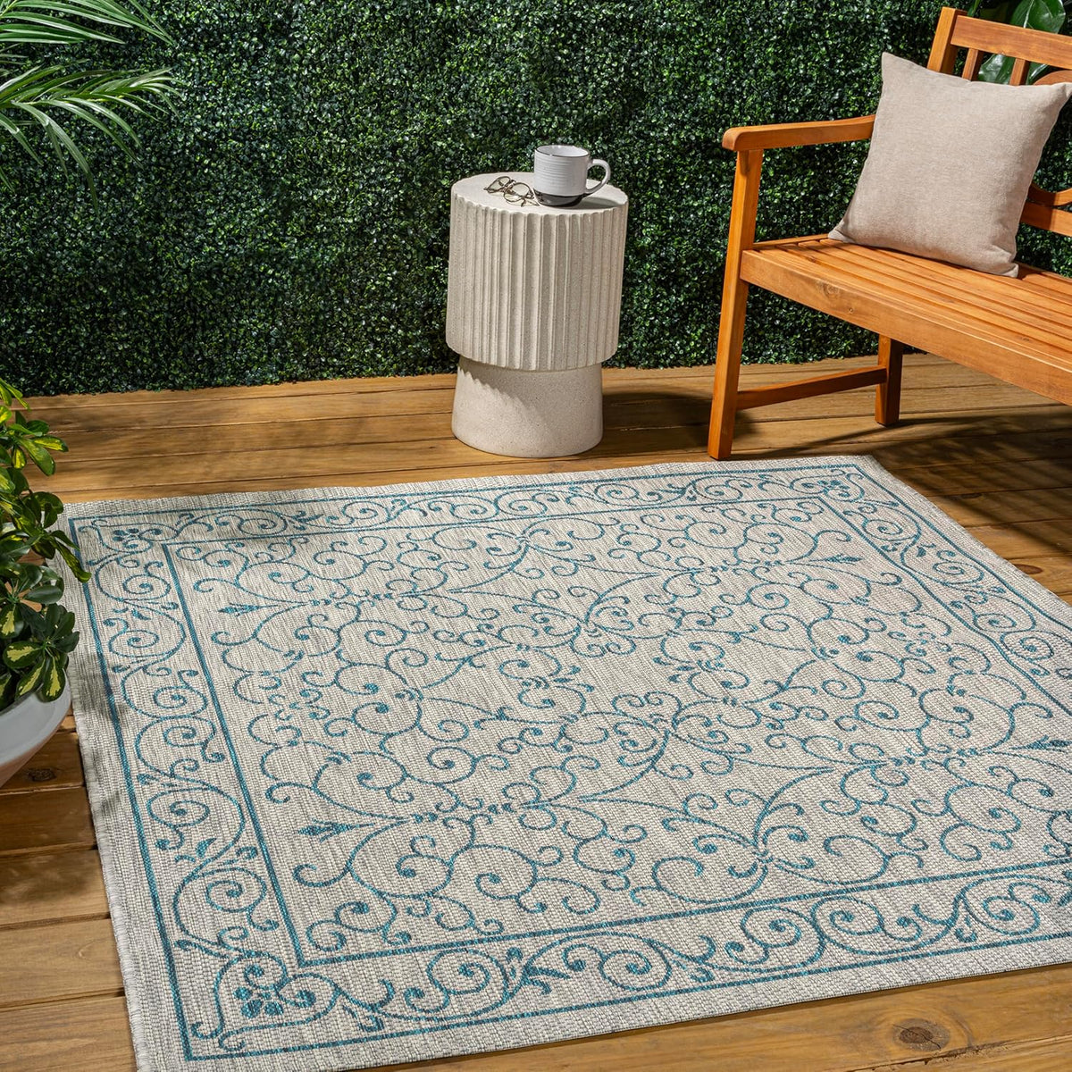 JONATHAN Y Vintage Filigree Indoor Outdoor Square Area Rug 5X5 Gray/Teal, Charleston Textured Weave