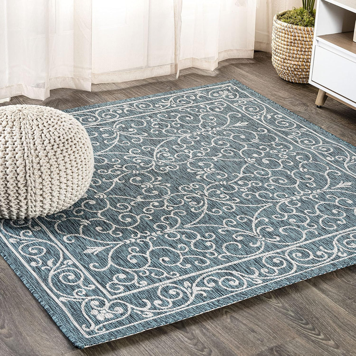 JONATHAN Y Vintage Filigree Indoor Outdoor Square Area Rug 6X6 Teal/Gray, Charleston Textured Weave