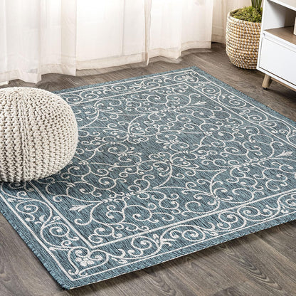 JONATHAN Y Vintage Filigree Indoor Outdoor Square Area Rug 5X5 Teal/Gray, Charleston Textured Weave
