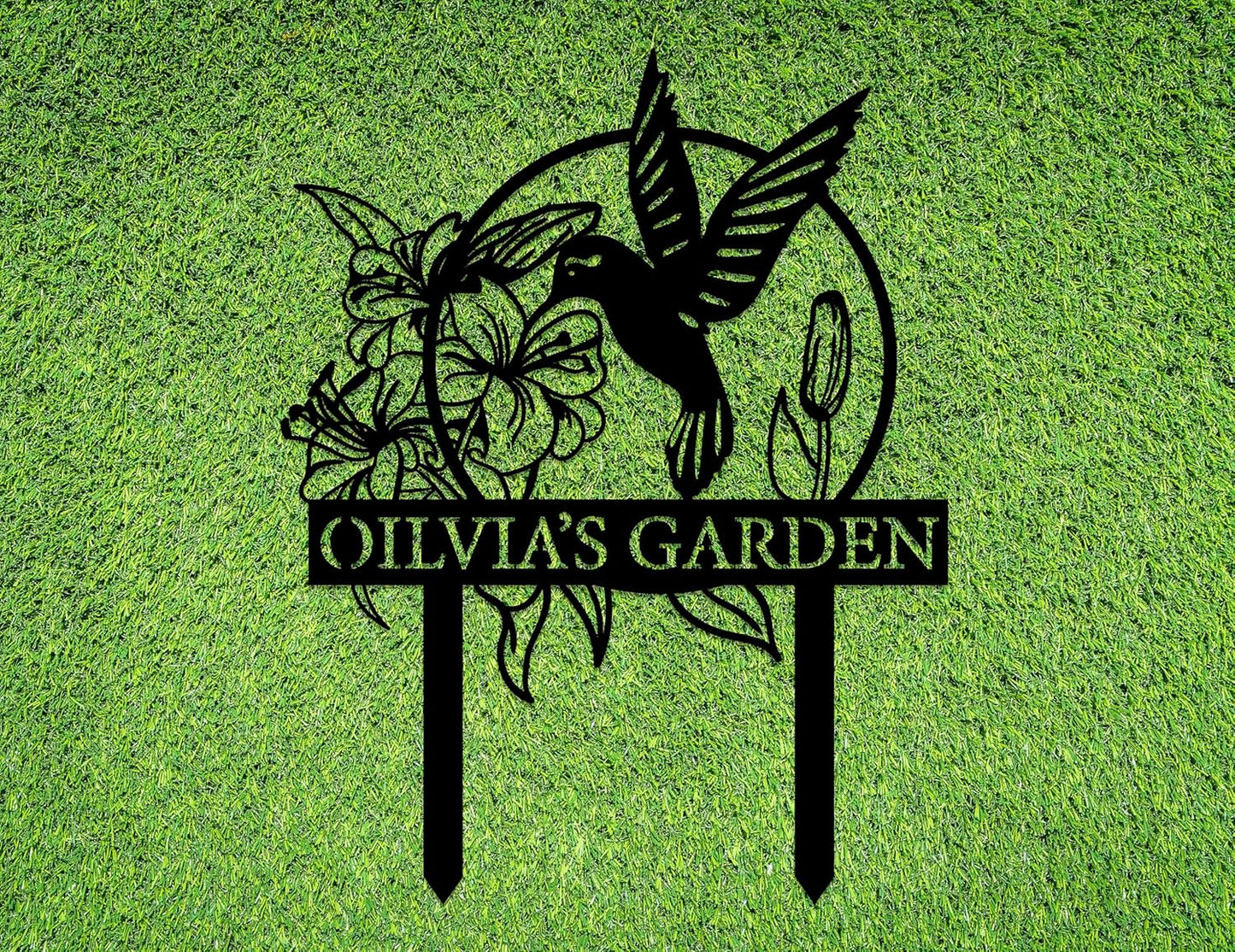 Custom Hummingbird Metal Garden Sign with Stakes, Bird Garden Decorations, Flower Design