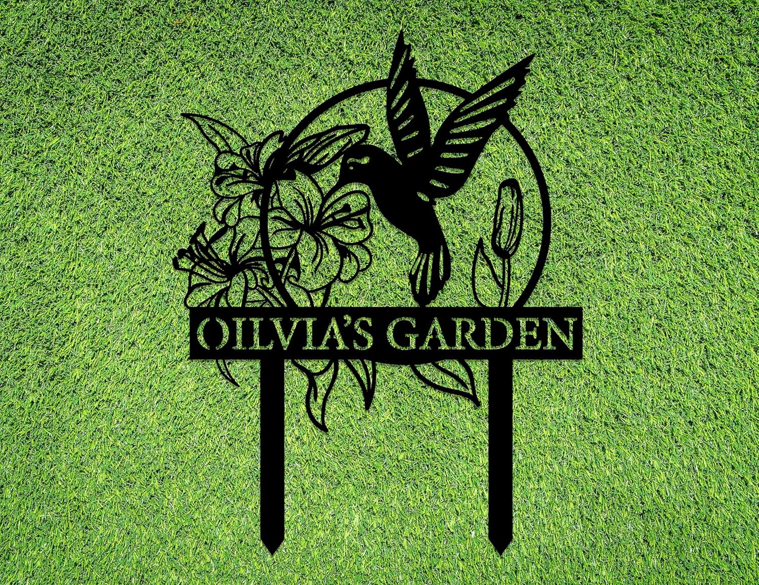 Custom Hummingbird Metal Garden Sign with Stakes, Bird Garden Decorations, Flower Design