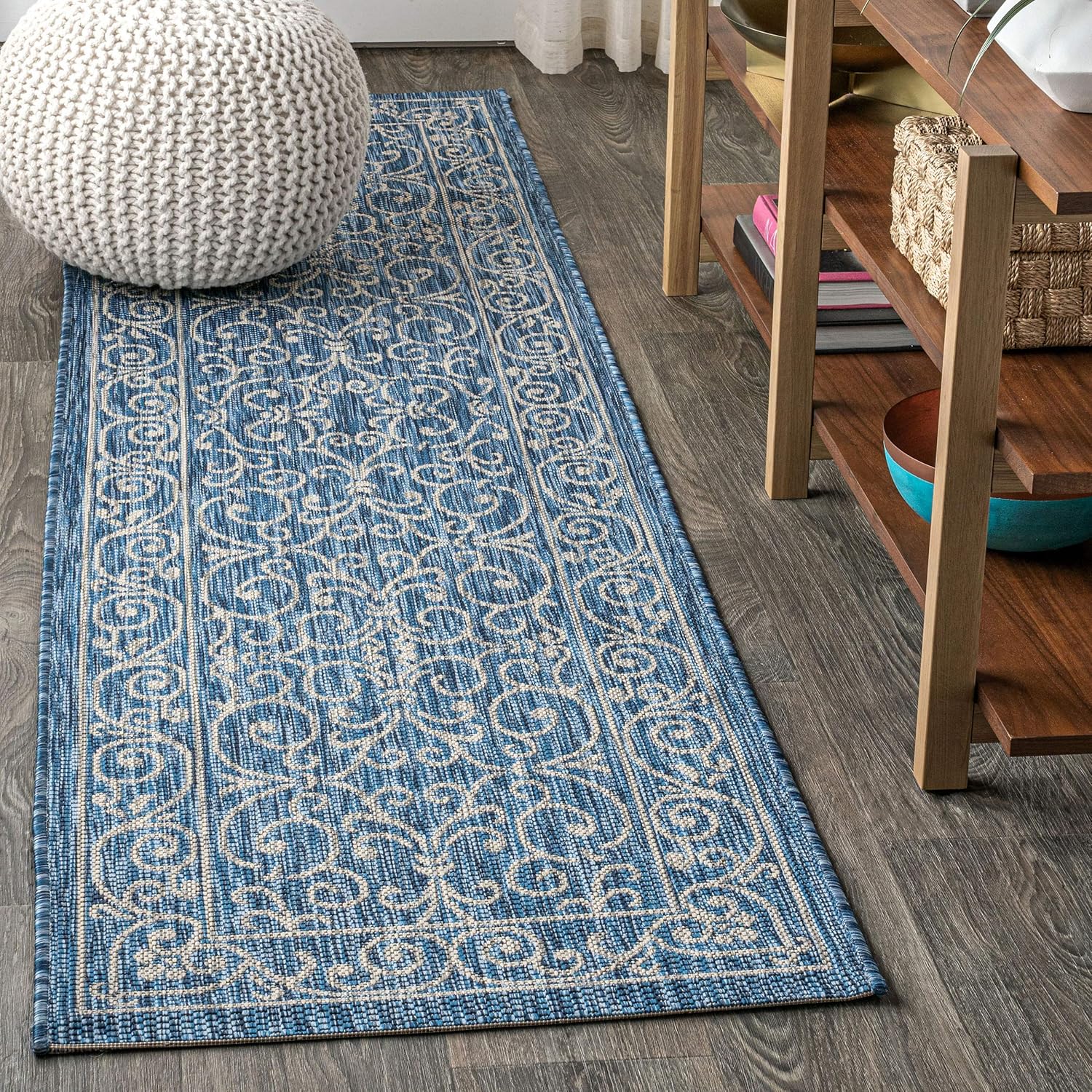 JONATHAN Y Vintage Filigree Indoor Outdoor Runner Rug 2X10 Navy/Gray, Charleston Textured Weave for