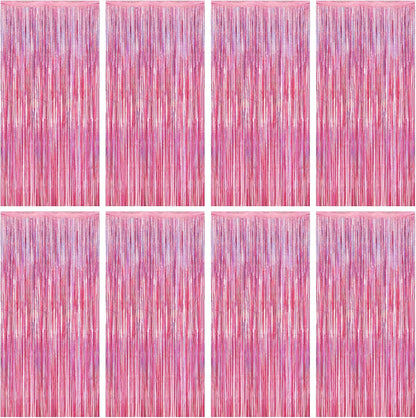 8 Pack Pink Backdrop, 3.28 FT x 7.05 FT Fringe Curtains, Metallic Glitter Pink Fringe Party